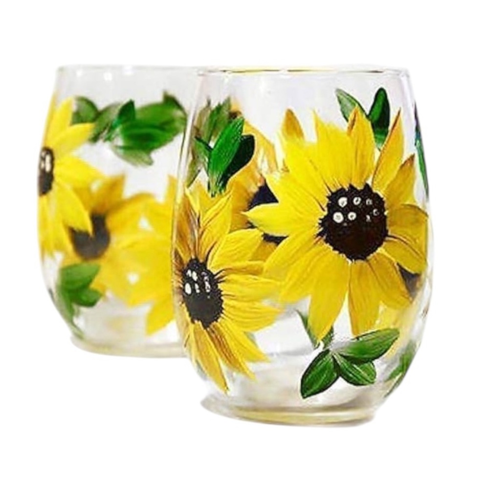 Hand Painted Sunflower Stemless Wine Glasses 15 oz Set of 2